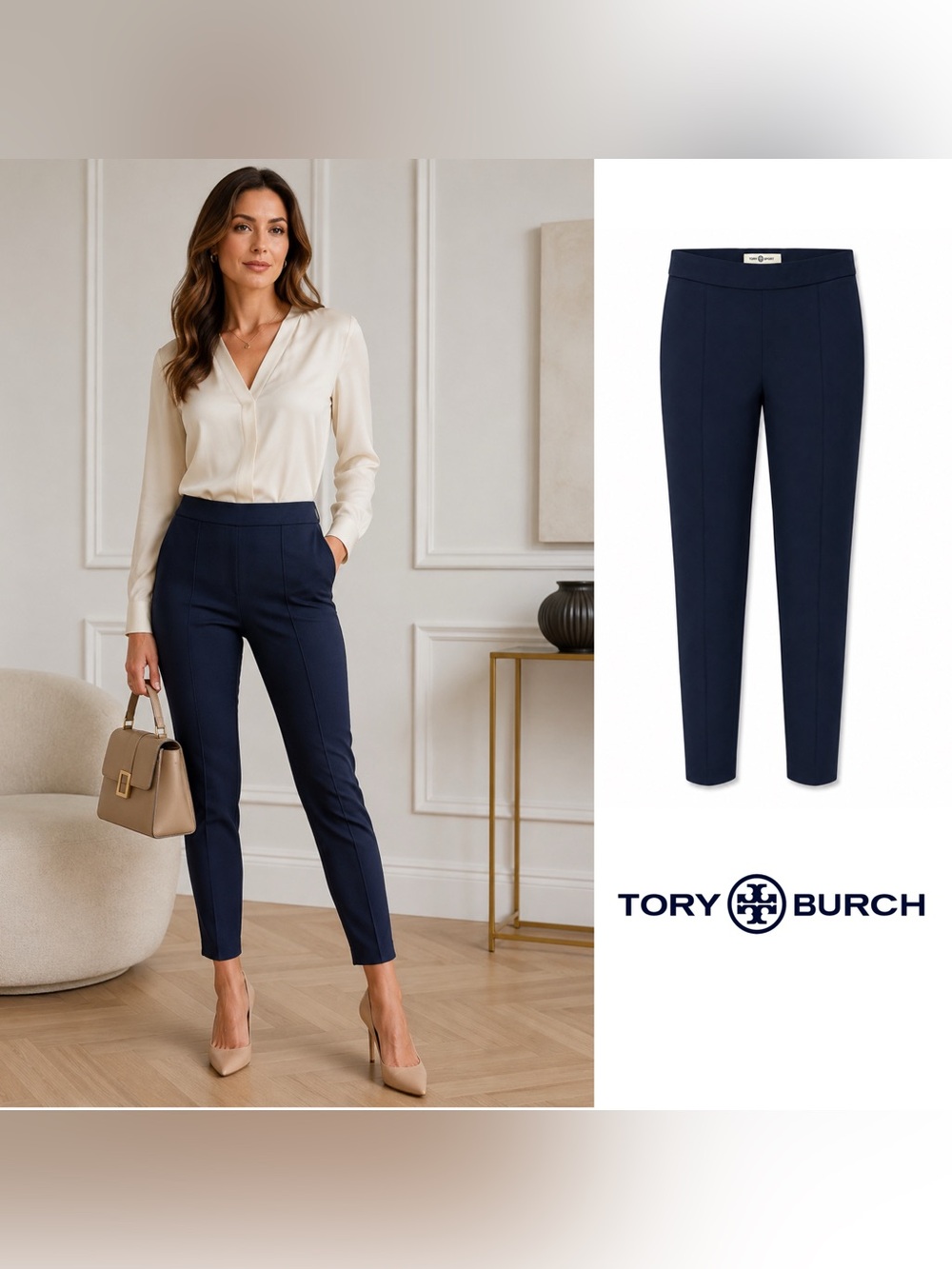 NEW Tory Burch Navy Tech Pointe Slim Fit Ankle Pants